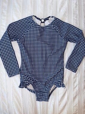 Girls Navy Gingham Long-Sleeve One-Piece Swimsuit